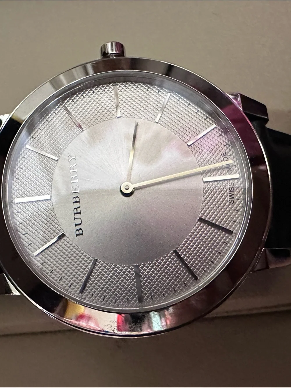 Burberry Unisex Silver Dial Black Leather Watch
